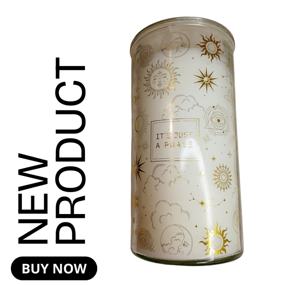 NEW White and Gold Celestial It's Just A Phase 16oz Moon, Stars, Sun Candle